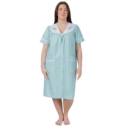 Image of Women's Short Sleeve Woven Snap-Front Closure Striped Embroidery Housecoat Duster Nightgown with Front Pockets