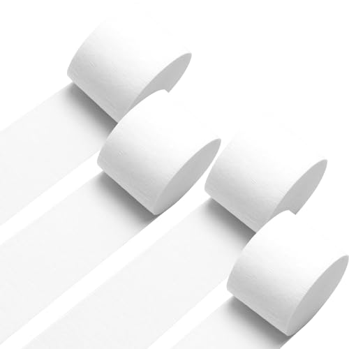 White Crepe Paper Streamers 4 Rolls 328ft, Pack of Party Streamers for Party Decorations, Crepe Paper for Birthday, Baby Shower, Wedding Party Decorations (1.8 Inch x 82 Ft/Roll)