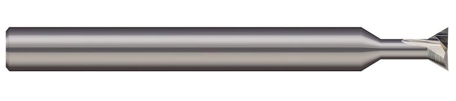DT-125-090-010 Dovetail Cutter, 90° Included Angle, 042 LOC, 1/8 Cutter Dia, 070 Neck Dia, 1/8 Neck Length, 010 Corner Rad, 2 Fl, 1/8 Shank Dia, 1-1/2 OAL, Uncoated