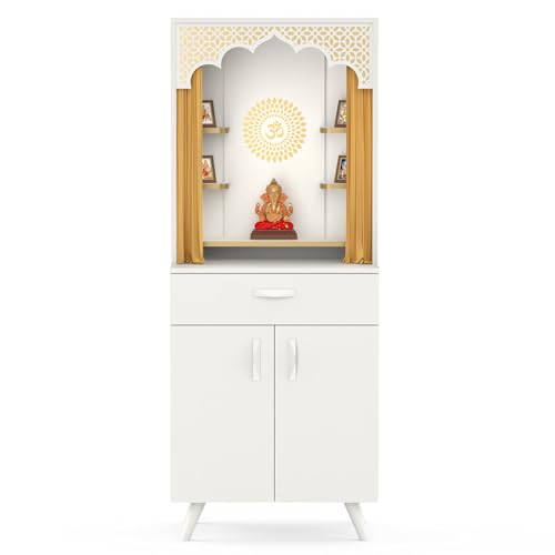 Image of BLUEWUD Sharnam Mandir, Big Size Temple for Home with Storage Cabinet, Pooja Stand, Doors, Drawer & Golden Curtain, Floor Standing Puja Room Altar for Living Room (DIY-White) (Sharnam Puja Mandir)