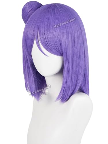 Image of Half and Half Short Purple Bob Anime Cosplay Wig with Bangs & Bun 13.4'' Light Purple Nin-ja Women's Synthetic Hair Wigs for Halloween Party Costumes