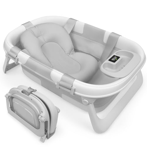 Image of Jool Baby Fold ‘n Store Baby Bathtub – 3 Stage Collapsible Bather for Easy Storage, Portable for Travel – Built-in Thermometer (Gray)