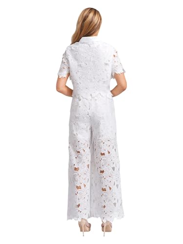 renvena Womens Chiffon Lace Outfit Floral Hollow Out Button Shirt Top Wide Leg Belted Pants 2 Piece Sets3