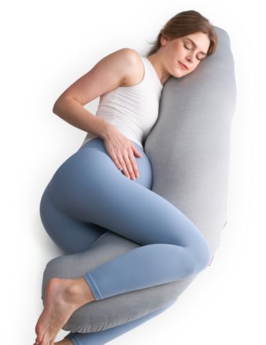 Momcozy Pregnancy Pillows with Cooling Cover, J Shaped Maternity Body Pillow for Pregnancy, Pregnancy Must Haves, Side Sleeper Pillow for Belly Hip Legs Support