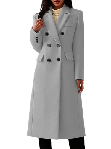Women's Classic Notched Lapel Double-Breasted Warm Pea Coat Overcoat with Pockets