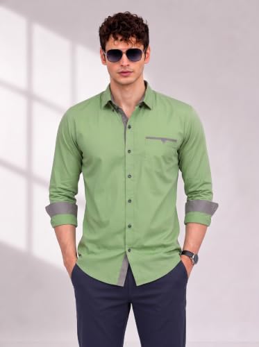 Image of Diverse Men's Cotton Shirt for Men | Regular Fit Full Sleeve Solid Casual Shirt with Spread Collar, Stylish Pocket Design, Standard Length | Formal Office Wear