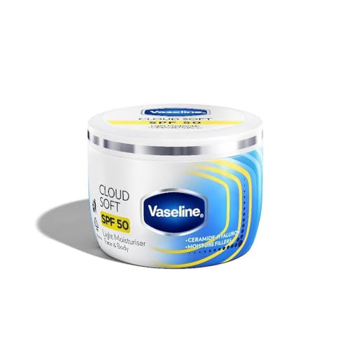 Image of VASELINE Cloud Soft SPF 50 PA ++++ Light Moisturiser, 200 ml, for Soft and Bouncy Skin, with Ceramides & Hyaluron Moisture Fillers, Non-Sticky and Lightweight, Broad Spectrum Protection