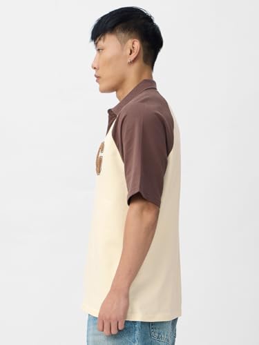 Image of The Souled Store Colourblock Polo: Garfield Men and Boys Short Sleeves Collared Neck Beige and Brown Embroidered Cotton Oversized Polos