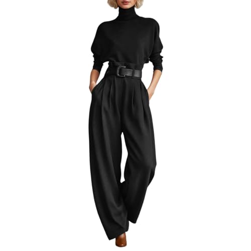 Ensemble deux pièces minimaliste haut col roulé et pantalon large décontracté pour femme