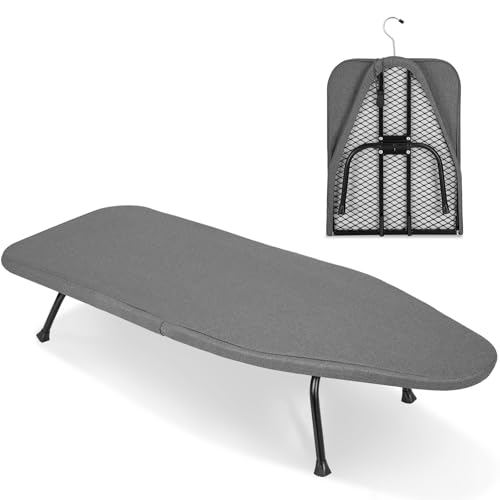 OUUTMEE Bügelbrett Klappbar mit Bügeleisenablage, Zusammenklappbar, Höhenverstellbar, mit rutschfeste Füße, Platzsparend Schwarz (Grau, 81 x 32 x 16 cm)