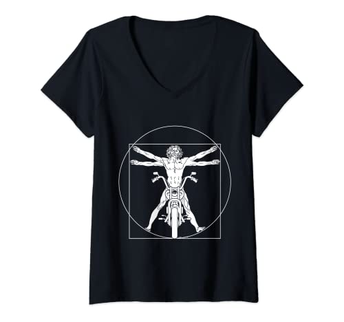 Donna Motociclista Vitruviano Moto Leonardo Da Vinci Biker Maglietta con Collo a V