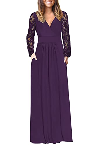Image of AUSELILY Womens Lace Long Sleeve Maxi Dress V Neck Wrap Waist with Pockets | Lace sleeves, cross-wrap neck flatters, hidden pockets, floor-length maxi for year-round