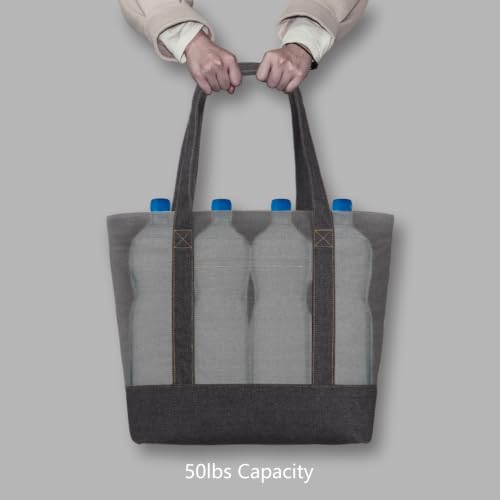 Image of TOPDesign 1-Pack Canvas Tote Bag with an External Pocket, Reusable Grocery Shopping Bag, Top Zipper Closure, Daily Essentials (Washed Black Denim)