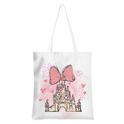 Cartoon Mouse Tote Bag Pink Bow Castle Gifts for Women Reusable Grocery Bags Cute Beach Bag Weekender Bags Christmas Birthday Cartoon Mouse Gifts for Women Mom Friend Coworker