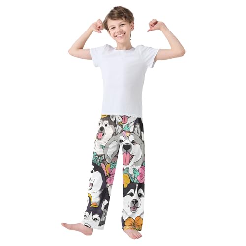 Husky Tropical Flowers Boys Long Pants Soft Trousers Elastic Waist Kids Lounge Bottoms with Pockets S-XL3