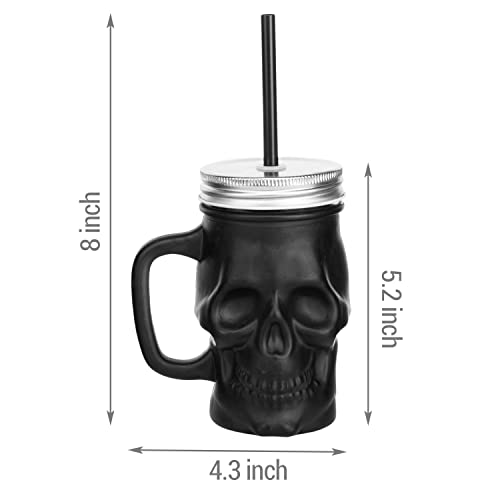 Mygift Matte Black Halloween Skull Wide Mouth Mason Jar Glass Mug With Silver Screw On Lid And Reusable Straw, Decorative Halloween Drinkware - 12 Oz, Set Of 4 #TOP4