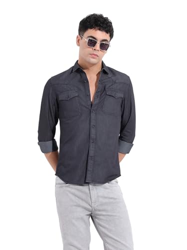 Image of The Indian Garage Co Men Slim Fit Solid Full Sleeves Cutaway Collar Double Flap Pocket Casual Denim Shirt