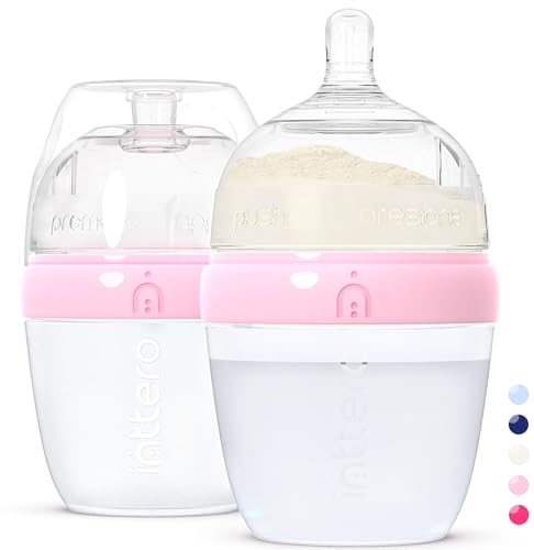 INTTERO Anti-Colic Formula Making Dispenser Baby Bottles, 6oz with Flow 1 Nipples, 2pk, Cute Pink — Everyday Baby Essential — Formula Bottles — Easy Pop and Yummy Mixie — Biberones para Bebes