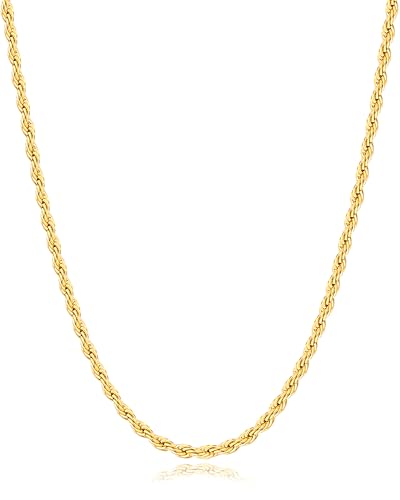 Italian Quality 14k Gold Plated Rope Chain for Men, 3mm 4mm Stainless Steel Necklace for Men, Sturdy & Non Tarnish Rope Chain Necklaces Mens Jewelry Gift 16 18 20 22 24 26 Inch