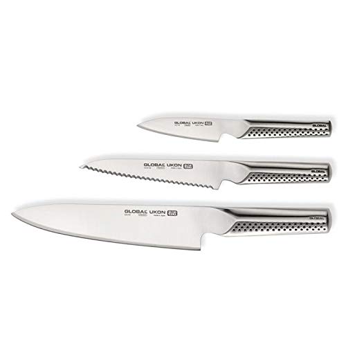 Global Ukon 3 Piece Knife Set, Featuring 8 inch Chef, 6 inch Serrated Utility, 3.5 inch Paring, Lightweight Japanese Stainless Steel, Razor Sharp Edge, Made in Japan, GU-3001