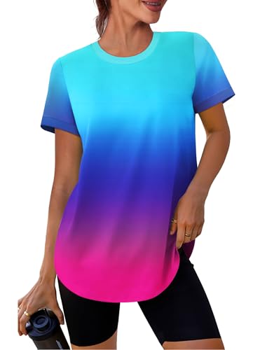 Image of Womens Workout Tops Summer Short Sleeve Shirts Athletic Color Block Gym Clothes Outfits Sun Protection UPF 50+ T Shirts