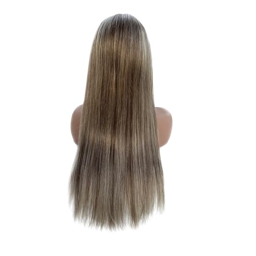 Image of Chocolate Brown with Ash Blonde Highlight Lace Front Wig Human Hair, 13x4 HD Lace Frontal Real Human Hair Wig for White Women Pre Plucked Straight 180% Density Brazilian Remy Glueless Wigs 16 Inch