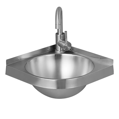 Lavabo Sobre Encimera Esquina de Acero Inoxidable Montado en Pared 32cm con Escurridor y Grifo, Lavamanos para Baño, Cocina, RV, Lavandería