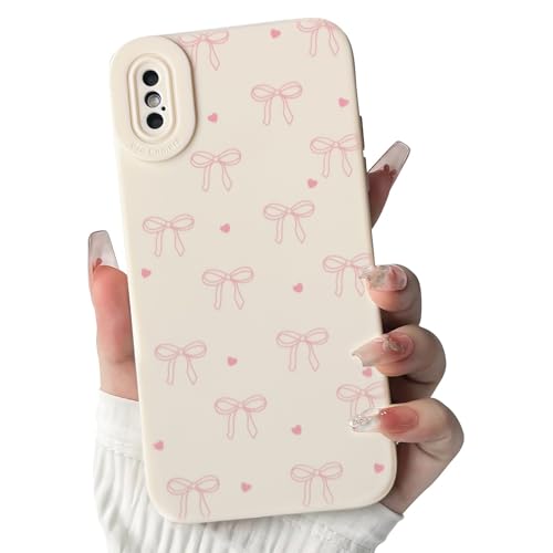 NITITOP Compatible with iPhone XS Max Case Cute Bow Ribbon Love Heart Pattern Aesthetic Bowknot Design for Women Girls Color Back Soft TPU Shockproof More Protective Cover - Pink