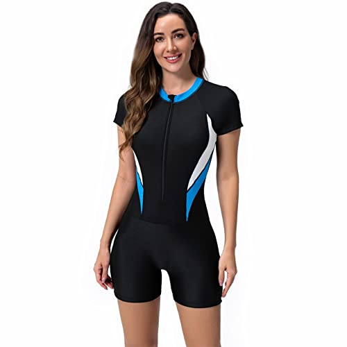Women's Rash Guard Short Sleeve One Piece Swimsuit Zipper Printed Surfing Boyleg Bathing Suit UPF 50+ Swimwear Wetsuit