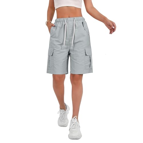 Women's Cargo Shorts Knee Length Baggy Drawstring Womens Cargo Shorts with Pocket Summer Outdoor Hiking Short Ivory L
