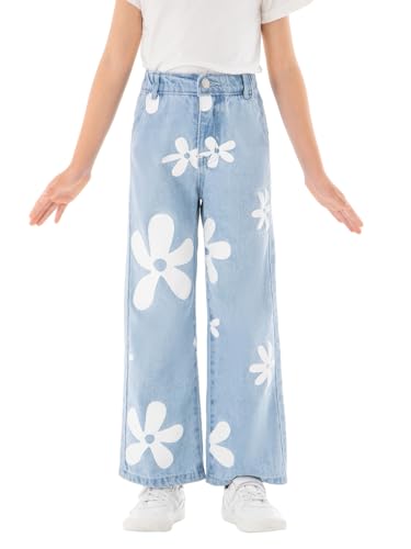 WDIRARA Girl's Floral Print High Waist Button Wide Leg Jeans Long Denim Pants