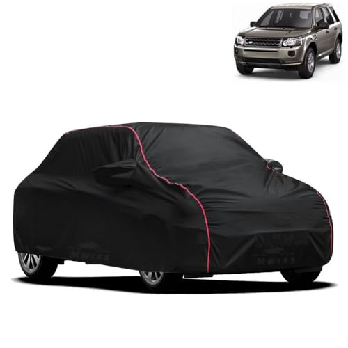 Image of MWISS Waterproof Car Cover for Land Rover Freelander2 | All-Weather Protection, Dustproof & UV Resistant | Triple Stitched Mirror Pockets, Windproof Buckle Strap with Elastic Hem, Black-Red Piping