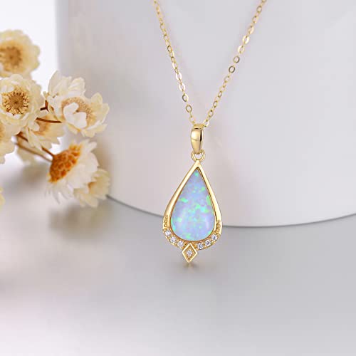 14K Real Gold White Opal Necklace with Genuine Diamond for Women Dainty Teardrop Opal Pendant Necklace for Birthday Anniversary 16" - 18"3