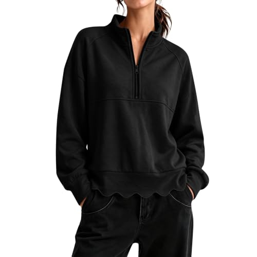 Quarter Zip Pullover Women Comfy Collared Scalloped Lightweight Sweater - image 1