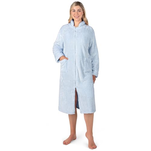 PAVILIA Womens Housecoat Zip Robe, Sherpa Zip Up Front Robe Bathrobe, Plush Warm Zipper House Coat Lounger, Pockets Fluffy