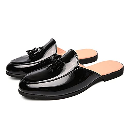 ORNVEION Men's Tassel Faux Patent Leather Flat Slip-on Mules Sandals,Fashion Lightweight Wingtip Backless Pointy Smoking Dress Slippers Classic Casual Half Loafers Sandals2