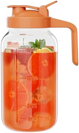 Glass Mason Jar Pitcher, 64 oz Wide Mouth Jug with Pour Spout Handle Lid for Cold Brew Coffee, Ice Beverage, Iced Juice, Lemonade, Sun Tea, Fruit Drinks Container(Orange)