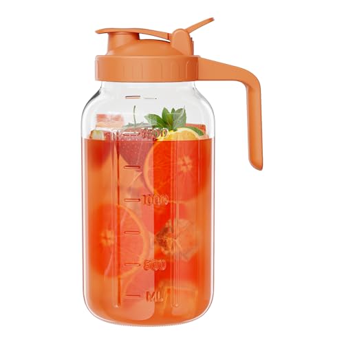 Image of Glass Mason Jar Pitcher, 64 oz Wide Mouth Jug with Pour Spout Handle Lid for Cold Brew Coffee, Ice Beverage, Iced Juice, Lemonade, Sun Tea, Fruit Drinks Container（Orange）