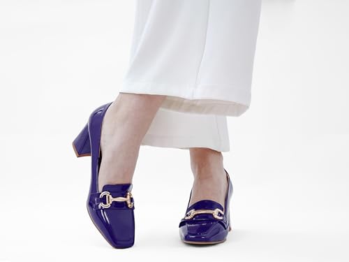 Image of Womens Mid Block Chunky Heeled Loafers Closed Square Toe Patent Leather Comfortable Slip On Pumps Metal Chain Basic Classic Casual Work Office Dress Shoes 2.8 Inches Heels