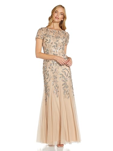 Image of Adrianna Papell Women's Beaded Gown with Godets - Floor Length Gown with Floral Embellishments & Cap Sleeves