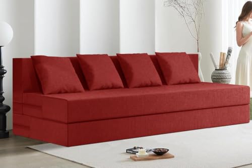Image of Rosebell Lightweight Easy 4-Person Sofa Cum Bed Jute Fabric- Washable Cover- Including Cushion - Size 6' X 6' Ft | Color Red | Perfect for Home & Office