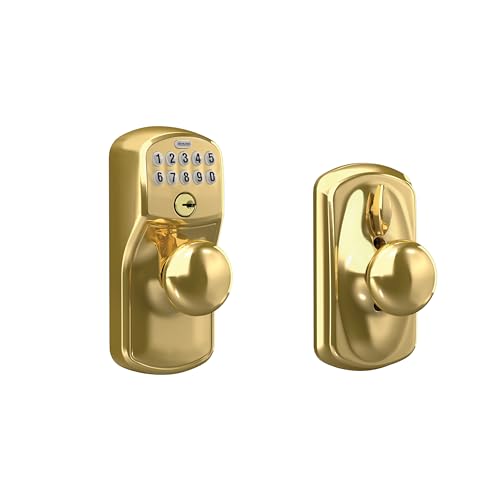 Schlage Electronic Keypad Lock with Knob, Plymouth Trim, Bright Brass - image 1