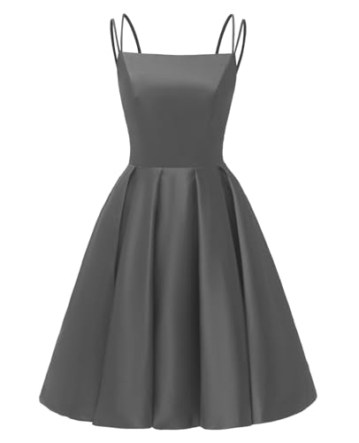 Image of Tianzhihe Satin Homecoming Dresses for Teens 2026 Spaghetti Straps A-line Square Neck Short Cocktail Party Dress with Pockets