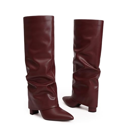 Image of Knee High Boots Women Fold Over Boots Chunky Heel Pointed Toe Tall Boots | Fashion Slouchy Boots,Side Zipper Shark Boots,Fall Spring Winter Fashion Dress Tall Boots,Evening Bridal office Long Boots