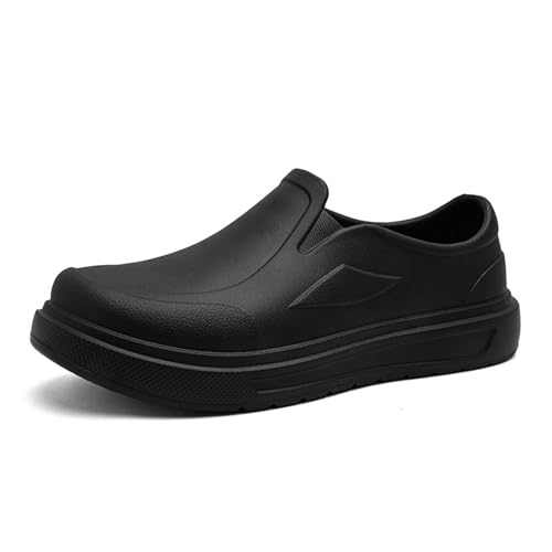 BOTRENT Men's Oil Resistant Waterproof Slip-On Chef Shoes Comfort Lightweight Non Slip Work Penny Shoes Kitchen Outdoor Outdoor Loafers (Black,9)