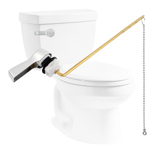 Image of Hibbent Universal Metal Front Mount Flush Toilet Handle Kit, Chrome | Solid Brass Toilet Flush Tank Lever with Stainless Steel Adjustable Flapper Chains, Side Tank Toilet Handle for Most Toilets