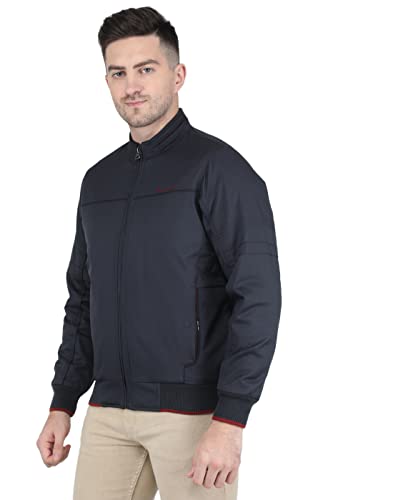 Image of Monte Carlo Mens Blended Polyes Navy Blue Solid Collar Jacket