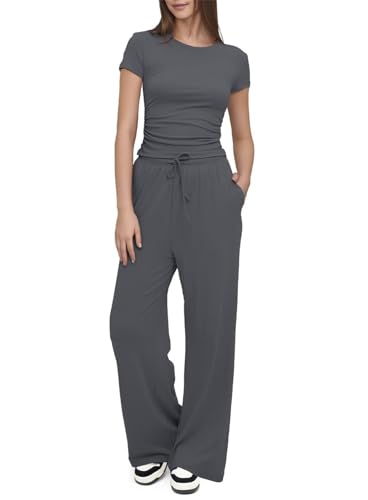 SotRong Summer 2 Piece Outfits Women Lounge Wear Sets Ruched Short Sleeve Crop Tops and High Elastic Waisted Wide Straight Leg Pants Tracksuit Activewear Casual Leisure Wear Sets - Image 3