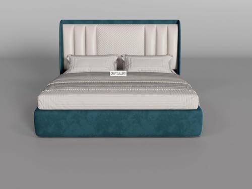 Image of Modern Upholstered King Size Bed with Box Storage for Bedroom | Wooden Double Bed with Storage | Platform Cot with Upholstery Premium Fabric | 6.5 x 6 Ft, Sheesham Wood (Teal Blue)