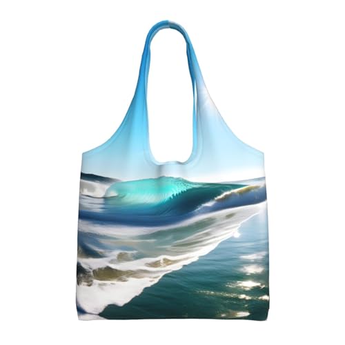 Clear Sky Wave Beach One-Shoulder Canvas Bag Reusable Tote Bags,Bulk Grocery, Shopping, Beach, Travel And Gift Use
